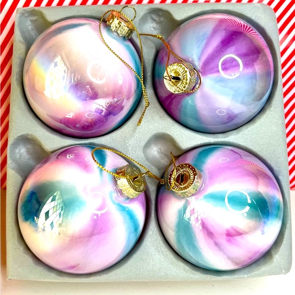 novogratz Other - 4 Christmas Glass Tie Dye Ball Ornaments Purple Blue White Iridescent Novogratz
